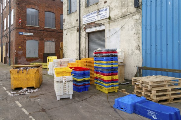 Fish trays and fish carcasses in waste skip. Grimsby docks, north east Lincolnshire, England, UK
