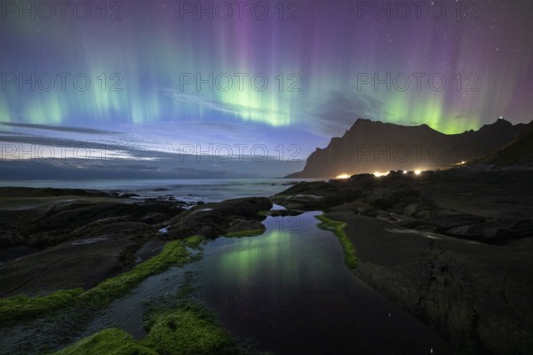 Northern Lights on the coast of Lofoten, near Vikten, Norway, Europe