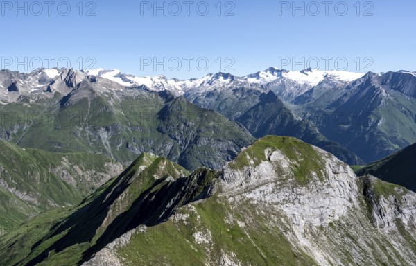 Mountain panorama with Großvenediger, mountain landscape with mountain peaks of the Venediger group, view from the summit of the Gösleswand, Lasörling group, Hohe Tauern National Park, East Tyrol, Tyrol, Austria, Europe