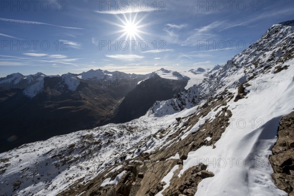 Mountain panorama, view of the summit of Gurgler Tal, from Ramoljoch, in autumn with snow, Sonnenstern, Ötztal Alps, Tyrol, Austria, Europe