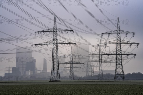 Large power line, 380 KV extra-high voltage lines, near Rommerskirchen, RWE lignite-fired power station Niederaußem in the fog, North Rhine-Westphalia, Germany, Europe