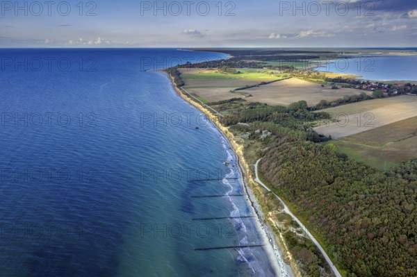 Aerial view over beach and sea cliffs of Wustrow on the Fischland peninsula along the Baltic Sea, Mecklenburg-Vorpommern, Germany, Europe
