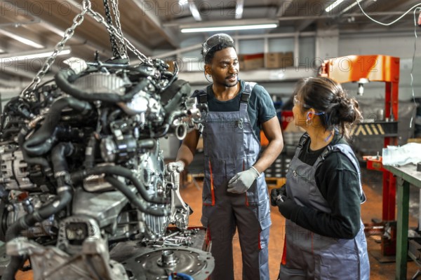 Two auto mechanics, a man and a woman, examining a car engine suspended by chains in a repair shop, discussing maintenance procedures