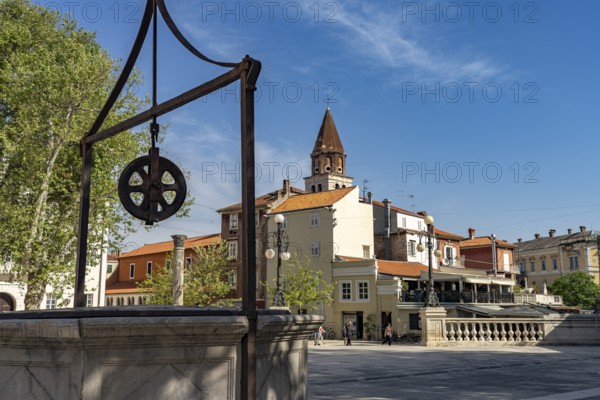 The Square of Five Fountains and the Church of St Simeon seen from the air, Zadar, Croatia, Europe