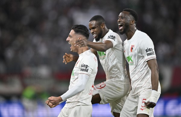 Goal celebration Dimitrios Giannoulis FC Augsburg FCA (13) Frank Onyeka FC Augsburg FCA (19) Chrislain Matsima FC Augsburg FCA (05) WWK Arena, Augsburg, Bayern, Germany, Europe