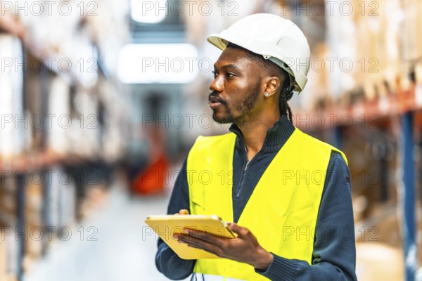An african male warehouse supervisor uses a tablet computer working in a logistics warehouse