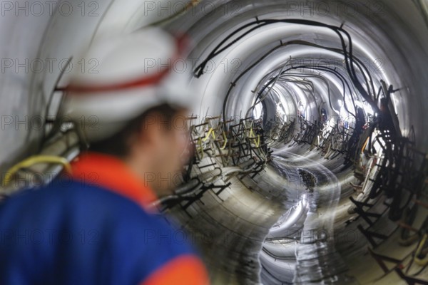Theme photo Emscher conversion, the Emscher system will be sewage-free in 2021 - new construction of a sewer on the Boye, the second largest tributary of the Emscher, a tunneller goes through the DN 3500 tunnel, the Boye is being renaturalised, is being transformed into a near-natural body of water, was previously an open, The ecological conversion of the Emscher system consists of the construction of a central wastewater treatment system in the Ruhr area, the construction of sewers and the renaturalisation of the Emscher and its tributaries, archive photo from 13.11.2014, Bottrop, Ruhr area, North Rhine-Westphalia, Germany, Europe
