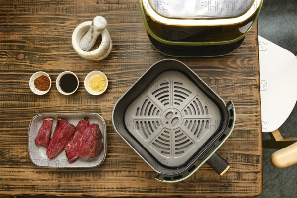 Fresh cuts of meat are arranged alongside several bowls of spices and sauces on a wooden table. A cooking appliance sits nearby, ready for a grilling or air-frying session