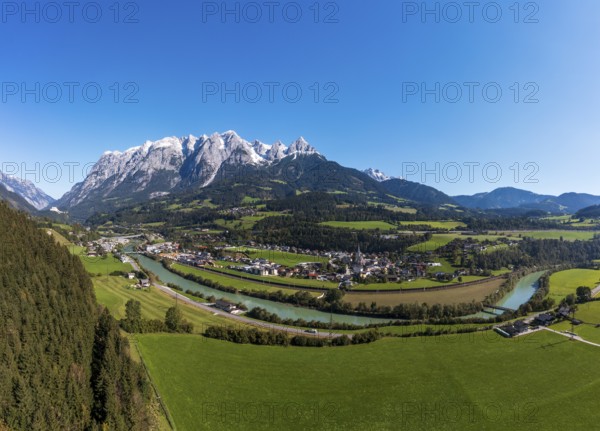 Drone shot, view of village with church, Pfarrwerfen, Tennengebirge, Salzachtal, Pongau, Salzburg province, Austria, Europe