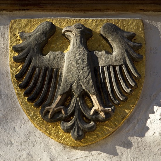 Imperial eagle on the town hall, heraldic animal of the town of Goslar, Old Town, UNESCO World Heritage Site, Lower Saxony, Germany, Europe