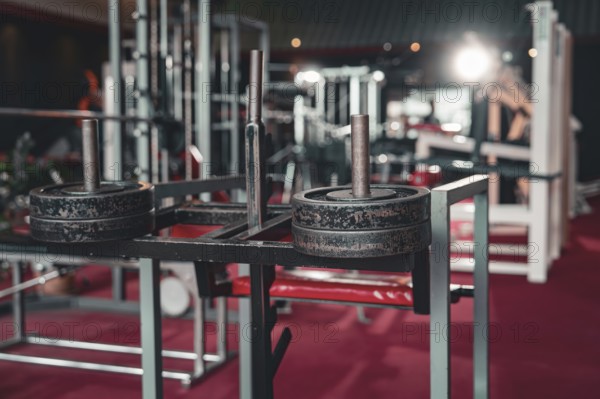 Picture of a fitness studio with weight machines and heavy weights on training stations, historic fitness studio, Bulls Fit, Mannheim, Germany, Europe