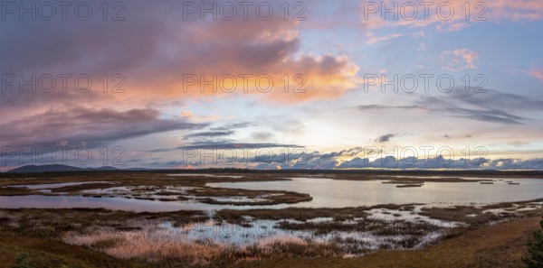 Sunset, lakes and moorland, Lapland, Finland, Europe