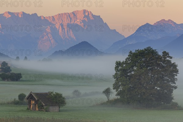 Mountain landscape, fog, hut, morning light, alpenglow, cloudy mood, summer, Zugspitze, Wetterstein range, Murnau, Alpine foothills, Bavaria, Germany, Europe
