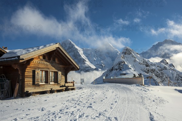 Wooden chalet and ski slope, with views of the Eiger, Mönch and Tschuggen, Grindelwald, Bernese Alps, Canton of Bern, Switzerland, Europe