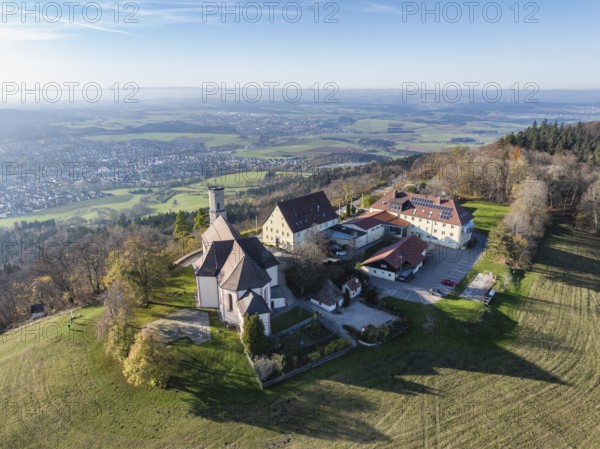 Aerial view of the 983 metre high Dreifaltigkeitsberg in the district of Spaichingen with the pilgrimage church, Dreifaltigkeitskirche and former monastery complex, Swabian Alb, Tuttlingen district, Baden-Württemberg, Germany, Europe