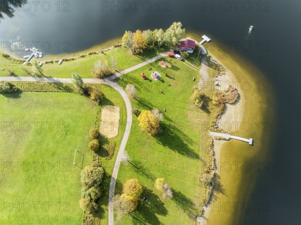 Sports facility and bathing area, lake Rottachsee, at village Petersthal, autumn, aerial view, Allgaeu, Bavaria, Germany, Europe
