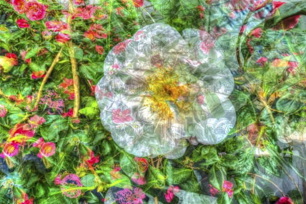 Creative photo, dog rose (Rosa canina), flower alienated, leaves, plants, creative, colourful, all over, background, pattern, pattern, art, greeting card, design, artistic, Germany, Europe