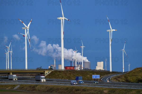 RWE Power Neurath lignite-fired power plant, RWE wind farm, Jackerath motorway junction, A44 and A61, near Bedburg, North Rhine-Westphalia, Germany, Europe