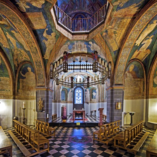 St. Maria and Clemens, Romanesque double church, lower church, view into the choir with ceiling paintings, Bonn, North Rhine-Westphalia, Germany, Europe