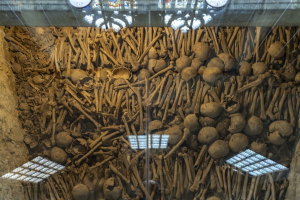 Ossuary with human bones from the Protestant parish church of St Michael, Schwäbisch Hall, Baden-Württemberg, Germany, Europe
