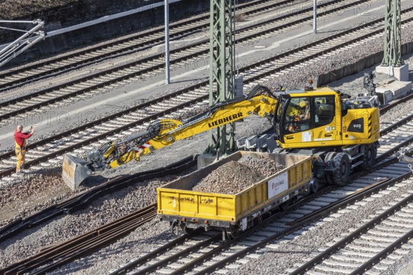Untertürkheim railway sidings with construction machinery for track construction. Construction site for a sub-project of Stuttgart 21. Stuttgart, Baden-Württemberg, Germany, Europe