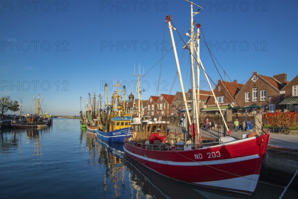 The harbour of Neuharlingersiel, East Frisia, Lower Saxony, fishing boats, fishing cutter, monument, Neuharlingersiel, Lower Saxony, Federal Republic of Germany