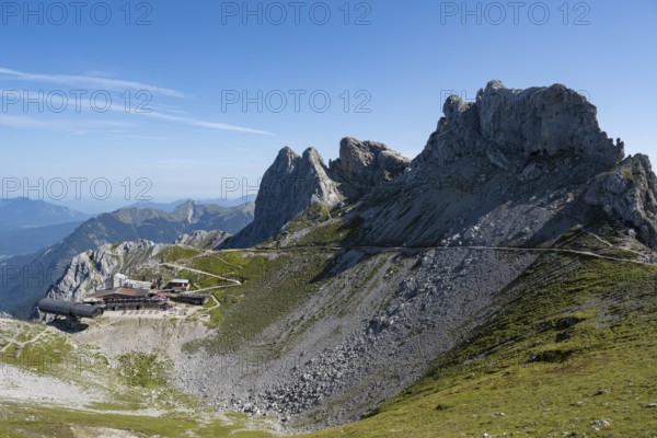Nature Information Centre Bergwelt Karwendel, museum, telescope, mountain restaurant, mountain station of the Karwendelbahn, Westliche Karwendelspitze, Karwendel Mountains, Mittenwald, Werdenfelser Land, Upper Bavaria, Bavaria, Germany, Europe