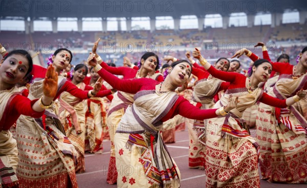 Students wait to perform Bihu dance as they participate in Samutkarsh Mahashivir organised by Vidya Bharati Purvottar Kshetra at Indira Gandhi Athletic stadium on January 31, 2025 in Guwahati, India, Asia