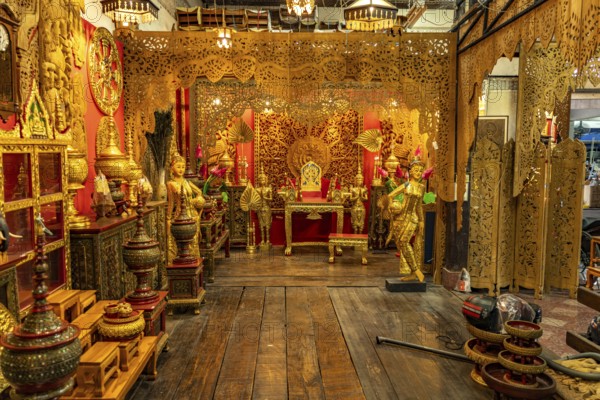 Asian souvenirs in a shop at the Indochina Market Tha Sadet, Nong Khai, Thailand, Asia