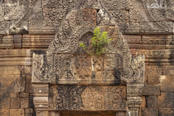 Relief with Shiva and Parvati on the bull Nandi above the false door of the mountain temple Wat Phu, Champasak province, Laos, Asia