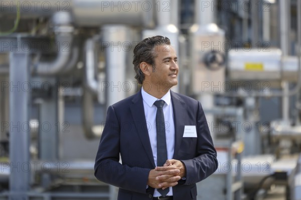 Oberhausen, North Rhine-Westphalia, Germany, Green hydrogen at Air Liquide, hydrogen production at the OQ Chemicals chemical park. TRAILBLAZER, a 20 MW electrolyser for the production of green, climate-neutral hydrogen. Gilles Le Van, Chairman of the Supervisory Board of Air Liquide Germany, at the inauguration in Oberhausen. The electrolyser is the largest production plant for climate-neutral hydrogen in Germany that is connected to an existing infrastructure, Europe