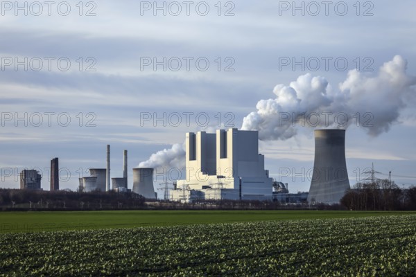 Grevenbroich, North Rhine-Westphalia, Germany, RWE Power AG Neurath power plant, lignite-fired power plant at RWE's Garzweiler opencast lignite mine, here in the foreground the new power plant units F and G, Europe