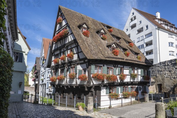 The leaning house, historic half-timbered house, sight in the fishermen's quarter and old town of Ulm, Baden-Württemberg, Germany, Europe
