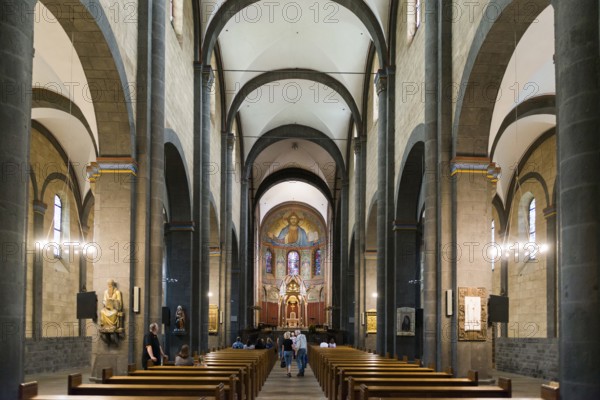 Interior view, Romanesque monastery church, Benedictine Abbey Maria Laach, Eifel, Rhineland-Palatinate, Germany, Europe