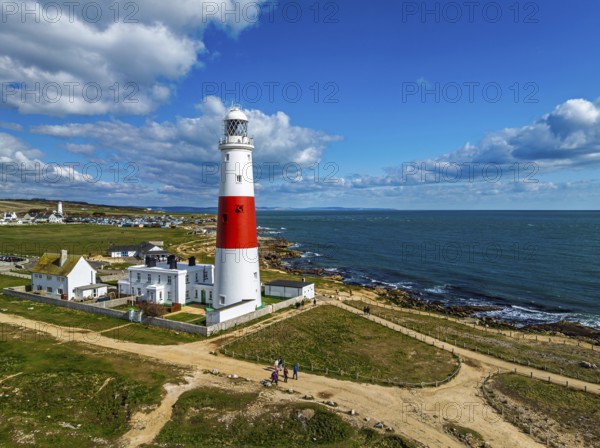Portland Bill Lighthouse from a drone, Portland Bill, Isle of Portland, Dorset, England, United Kingdom, Europe