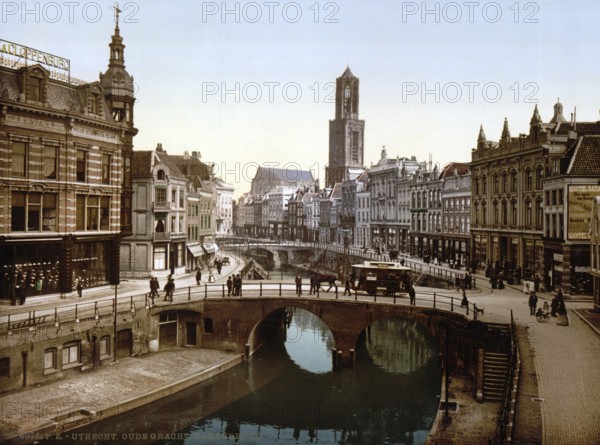 The Oude Gracht Bakker Bridge, Utrecht, Holland, c. 1895, Historic, digitally restored reproduction from a 19th century original, Record date not stated