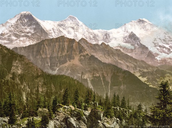 Schynige Platte, Eiger, Mönch und Jungfrau, Bernese Oberland, Switzerland, Historic, digitally restored reproduction from a 19th century original, Record date not stated, Monch and Jungfrau, Bernese Oberland, Switzerland, Historic, digitally restored reproduction from a 19th century original, Record date not stated, Europe