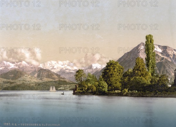 Thun, See von, Blümlisalp und Niesen, Bernese Oberland, Switzerland, Historic, digitally restored reproduction from a 19th century original, Record date not stated, Lake of, Blumlisalp and the Niesen, Bernese Oberland, Switzerland, Historic, digitally restored reproduction from a 19th century original, Record date not stated, Europe