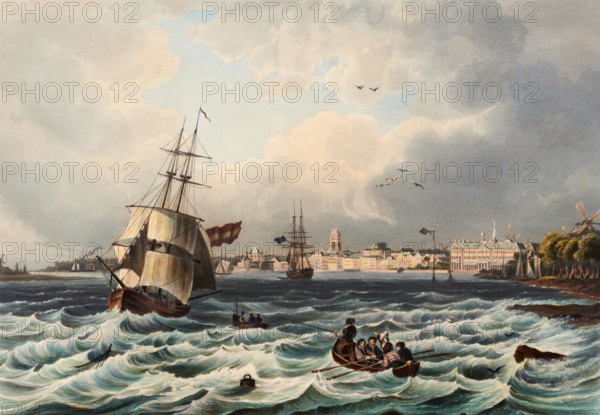 View of the city and harbour of Rotterdam, Netherlands, view around 1830, digitally restored reproduction of a 19th century model by Johann Ludwig Bleuler (12.02.1792 - 28.03.1850), Swiss draughtsman and painter