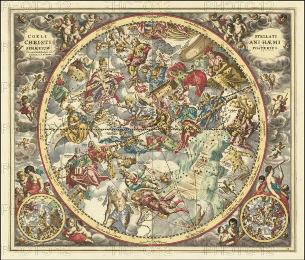 Celestial chart representing the constellations according to Christian symbolism, 1660, digital improved reproduction of a work of Andreas Cellarius (1596 - 1665), a Dutch-German cartographer and cosmographer, best known for his Harmonia Macrocosmica from 1660, a major star atlas, Celestial chart representing the constellations according to Christian symbolism, digital improved reproduction of a work of Andreas Cellarius (1596 - 1665), a Dutch-German cartographer and cosmographer best known for his 1660 Harmonia Macrocosmica, a major star atlas
