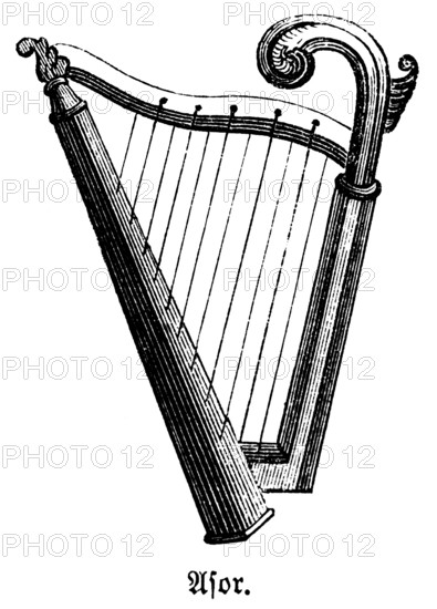Asor, a musical instrument of the Israelites similar to the harp with at least ten strings Bible, historical illustration, Biblisches Handwörterbuch 1862