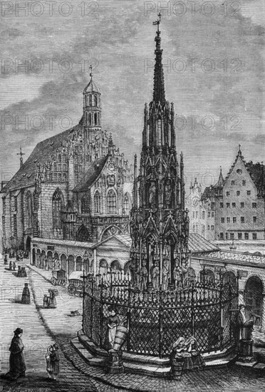 Market square with Schöner Brunnen and Gothic Church of Our Lady, Roman Catholic parish church of Our Lady, in Nuremberg, Middle Franconia, Bavaria, travel, Germany, historical illustration 1885, Europe