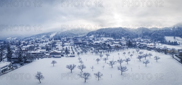 Snow-covered landscape with bare trees and a village in the background, Bad Feilnbach