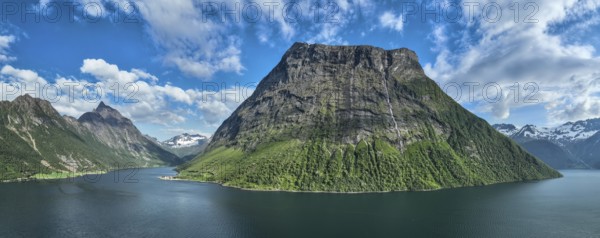 Panorama aerial view of fjord Hjorundfjord, Mt. Stalbergneset (middle), Mt. Slogen (back left), Norway, Europe