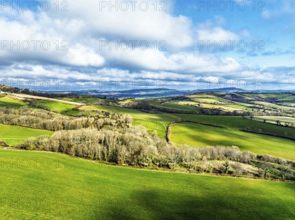 Farms over Morcombelake Village from a drone, Bridport, Dorset, England, United Kingdom, Europe