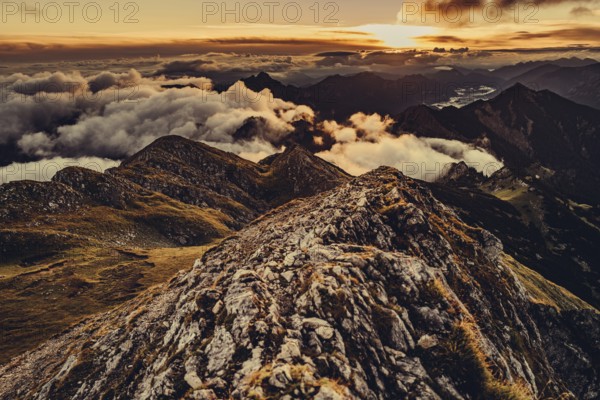 Sunrise hike on the Hochplatte in the Ammergau Alps, Ammergebirge in the Allgäu, Bavaria, Germany, Europe