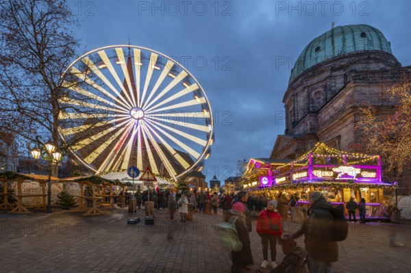 The winter village with Ferris wheel, Christmas market on Jakobsplatz to the right of St Elisabeth's Church, Nuremberg, Middle Franconia, Bavaria, Germany, Europe