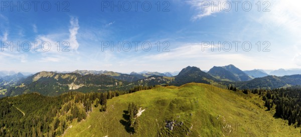 Drone image, at the summit of the Taborberg with a view of the Osterhorn group, Salzkammergut, Salzburg province, Austria, Europe