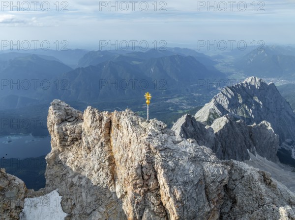 Summit cross, aerial view, Zugspitze, high mountains, Bavaria, Germany, Europe