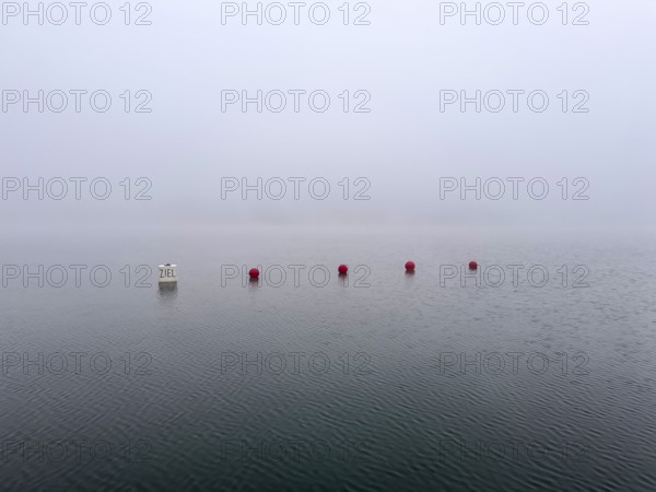 Buoys for water sports in dense fog on Lake Baldeney in Essen, foggy weather in winter, North Rhine-Westphalia, Germany, Europe